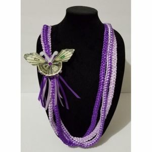 Purple Triple Braid Ribbon Lei  w/ Money Butterlfy